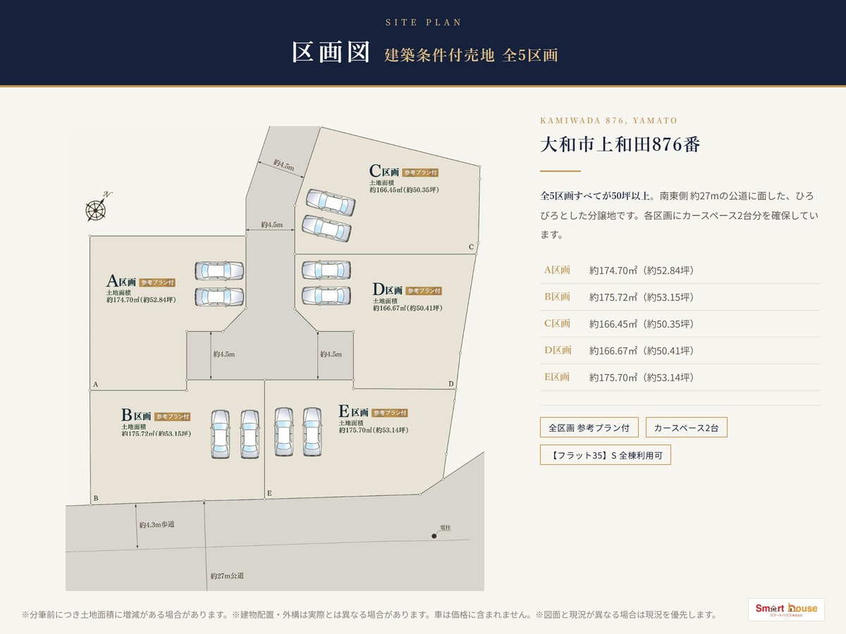 大和市上和田876番 区画図 建築条件付売地 全5区画 A〜E 50坪以上